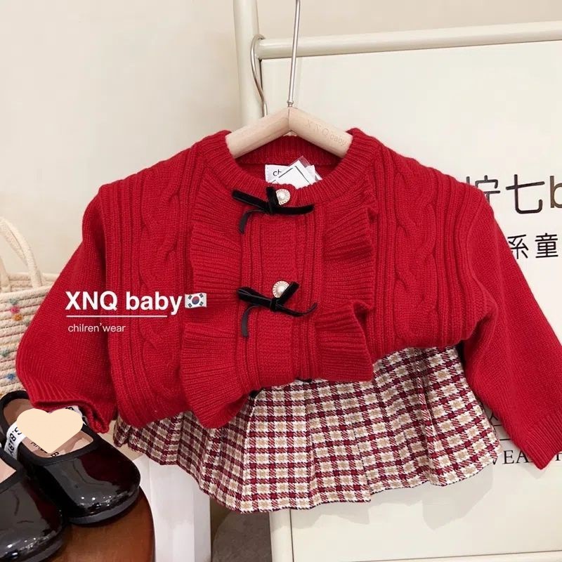 Set Áo Len Cadigan Đính Nơ Phối Bèo Cho Bé Gái WOWKID Kèm Chân Váy Xếp Ly Cho Bé Từ 8-24kg