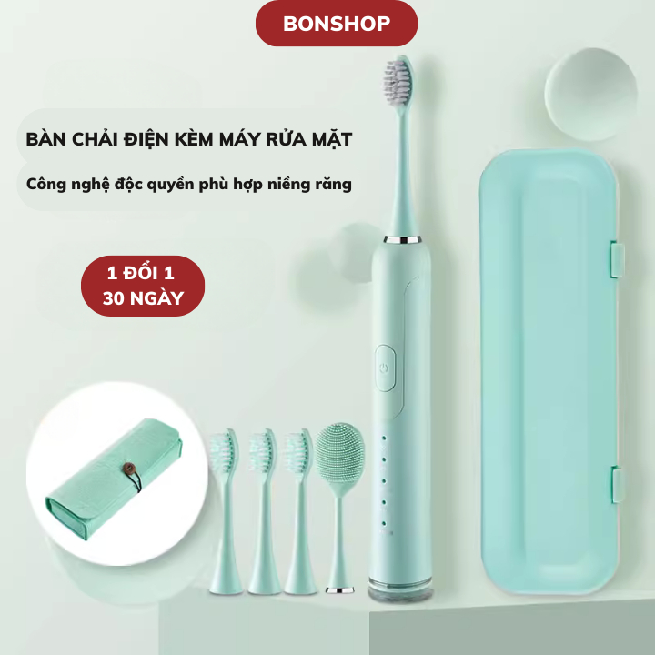 Bàn Chải Điện Kèm Máy Rửa Mặt, Công Nghệ Sóng Âm Sonic, Chải Sạch Mảng Bám, Đánh Răng Tự Động