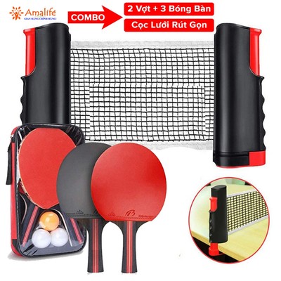 Combo 2 Vợt Bóng Bàn Tặng Kèm 3 Quả Bóng Bàn + Kẹp Trụ Lưới Bóng Bàn Rút Gọn Nhựa ABS 1,7m Chính Hãng Amalife