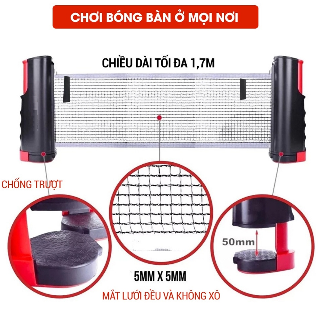 Combo 2 Vợt Bóng Bàn Tặng Kèm 3 Quả Bóng Bàn + Kẹp Trụ Lưới Bóng Bàn Rút Gọn Nhựa ABS 1,7m Chính Hãng Amalife