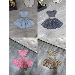 Set áo ống quây cúp ngực phối chan váy nơ phồng có lót