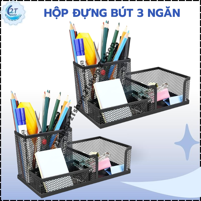 Hộp bút để bàn 3 ngăn, kệ đựng bút thiết kế bằng kim loại màu đen nhỏ gọn hộp bút decor bàn làm việc
