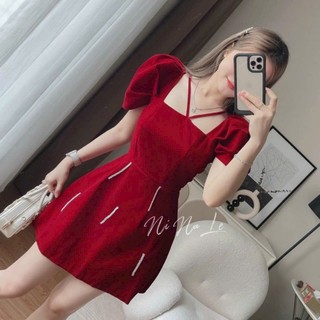 Đầm nhung tay ngắn phồng dây V có mod dự tiệc siêu sang