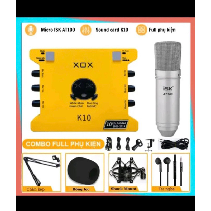 Bộ mic thu âm livestream ISK AT100 và sound card K10 kèm tai nghe,kẹp mic