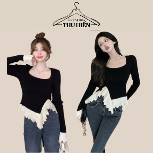Áo len kiểu nữ phối màu đen trắng họa tiết bèo ở tay áo và gấu áo phong cách tiểu thư xinh xắn Hàn Quốc Xuongmaythuhien