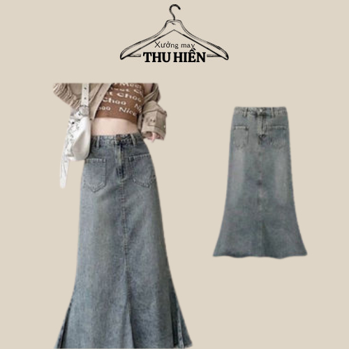 Chân váy jeans mixi dáng xòe gấu tua rua, Chấn váy demin dáng dài cạp cao siêu hack eo tôn dáng Xuongmaythuhien