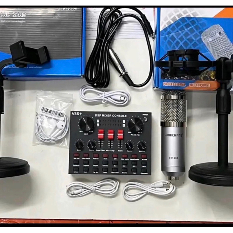 Bộ mic thu âm livestream BM900 và sound card V8S+ kèm tai nghe,kẹp mic,kẹp điện thoại