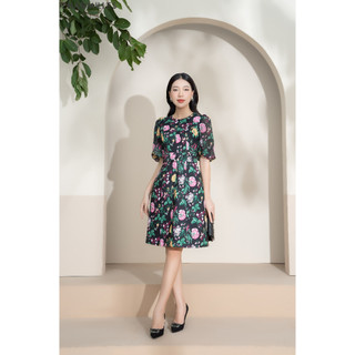 Đầm Charmilles Tay ngắn họa tiết hoa - Đen 23MD273BD