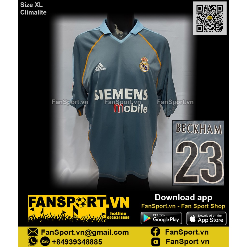 Áo đấu cầu thủ bóng đá David Beckham 23 Real Madrid 2003-2004 third shirt jersey grey 021788 Adidas chính hãng XL
