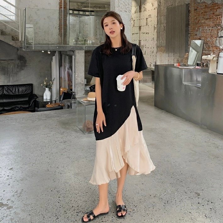 Đầm thun cotton bigsize dáng suông phối lanh lụa, nhiều size 45kg-90kg