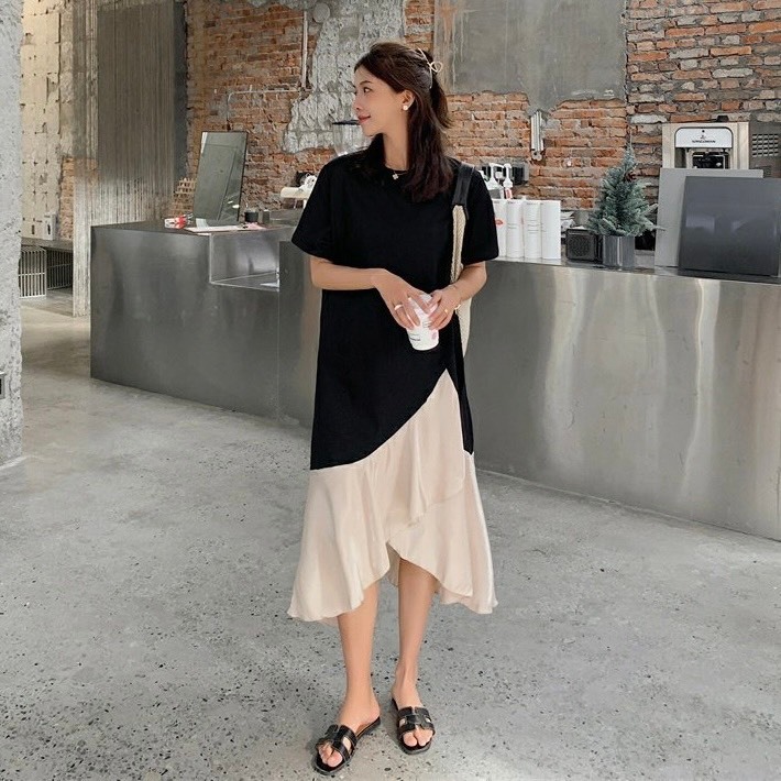 Đầm thun cotton bigsize dáng suông phối lanh lụa, nhiều size 45kg-90kg