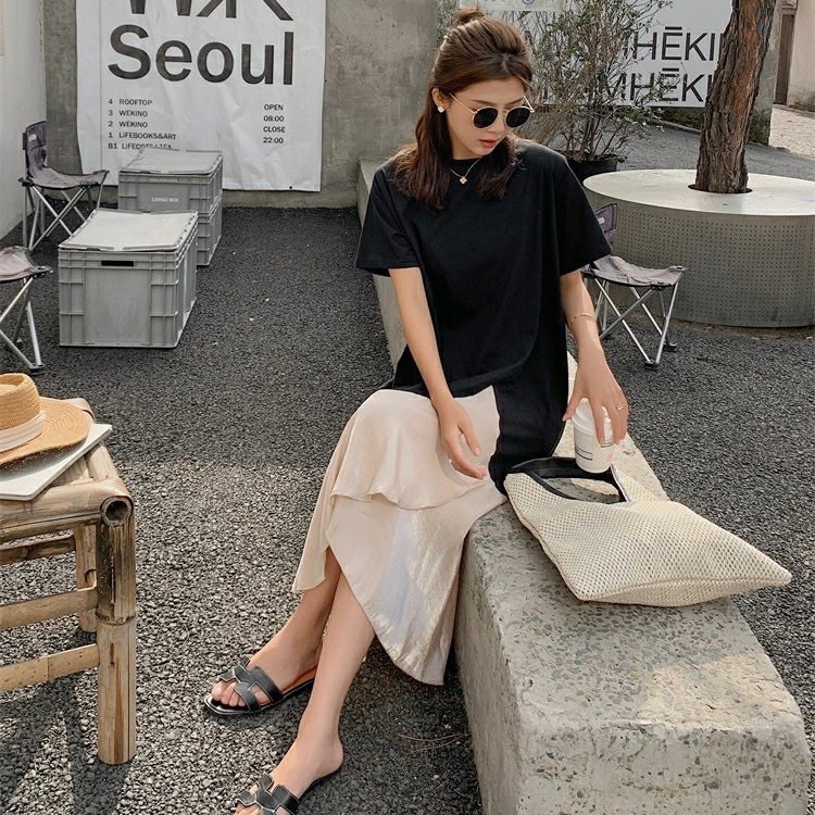 Đầm thun cotton bigsize dáng suông phối lanh lụa, nhiều size 45kg-90kg