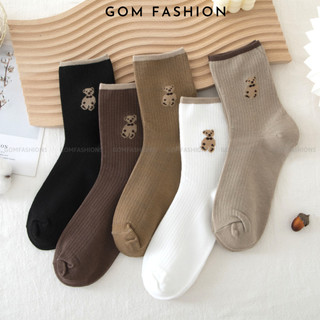 Set 5 đôi tất cổ cao nữ GOMTAT hoạ tiết hình gấu, chất liệu cotton dày dặn êm ái, co giãn bền màu  -CBCC83