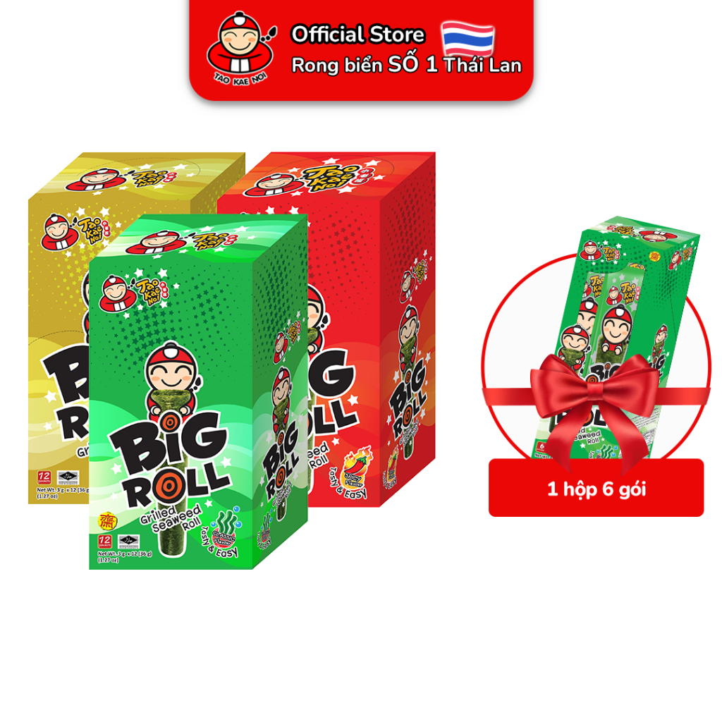 [Mua 3 Hộp 12 Gói/Hộp Tặng 1 Hộp 6 Gói] Snack rong biển TaoKaeNoi BIG ROLL 3g (12 gói/Hộp)