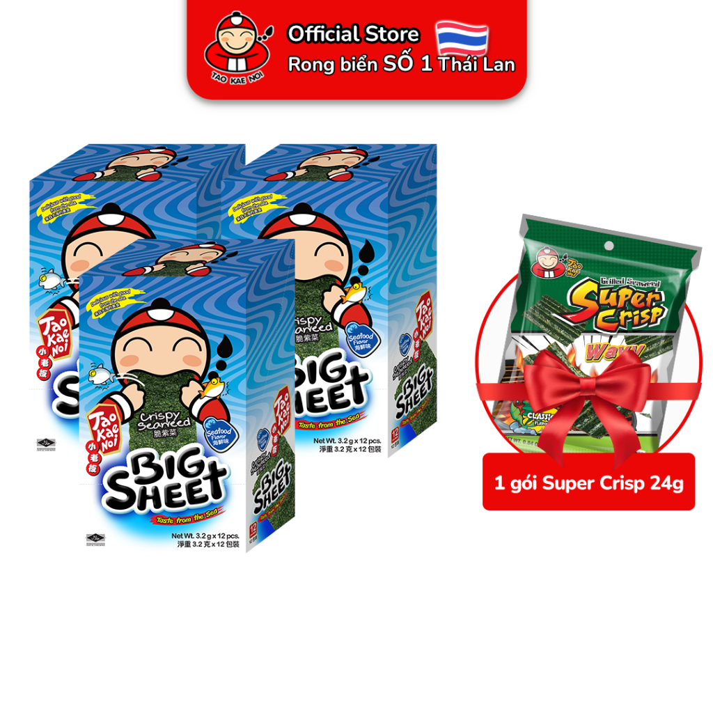 [Mua 3 Hộp Tặng 1 Gói Rong Biển Super Crisp24g] Rong Biển Taokaenoi BIG SHEET 3.2g (12 Gói/Hộp) Nhiều Vị