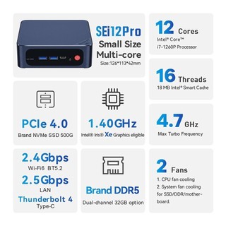 Máy tính để bàn Mini PC Beelink SEi12 Pro (intel i7 1260P | 32GB DDR5 | 500GB)