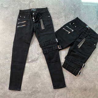 Quần jean bò nam Amiri slimfit đen thêu song khoá đùi phối hai dây dai quanh gối 4 cúc boy phố QJ356P