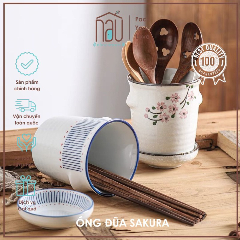 Ống đũa Ống đựng muỗng nĩa họa tiết Cherry Sakura xinh xắn tiện lợi đựng dụng cụ nhà bếp đựng đũa thìa