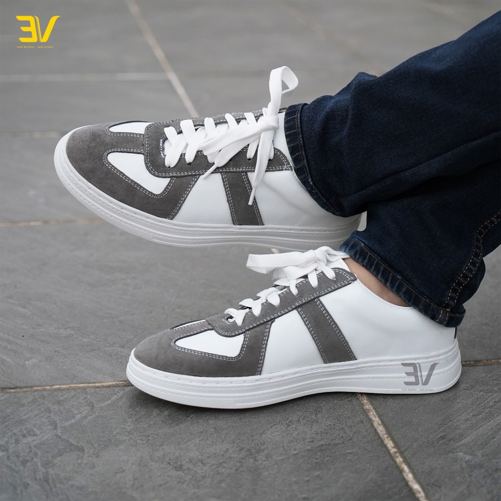 Giày Thể Thao Da Thật Buộc Dây - Giày Da Trắng Phối Viền Ghi Siêu Chất - 3V434