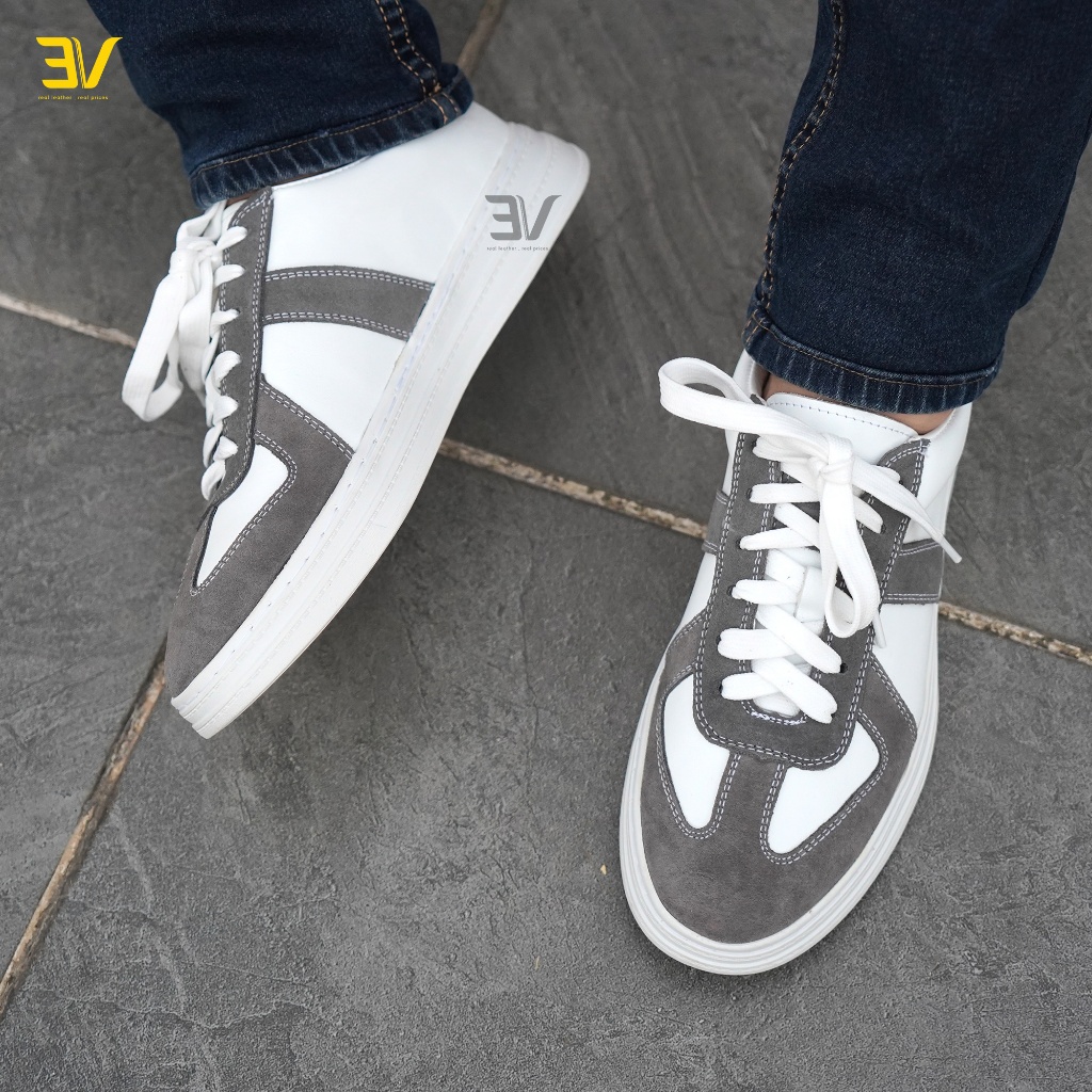 Giày Thể Thao Da Thật Buộc Dây - Giày Da Trắng Phối Viền Ghi Siêu Chất - 3V434
