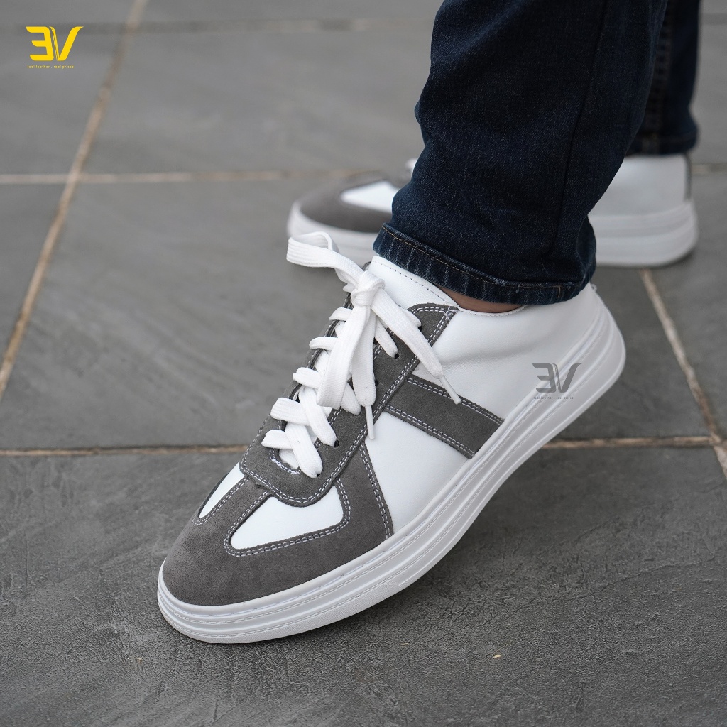 Giày Thể Thao Da Thật Buộc Dây - Giày Da Trắng Phối Viền Ghi Siêu Chất - 3V434