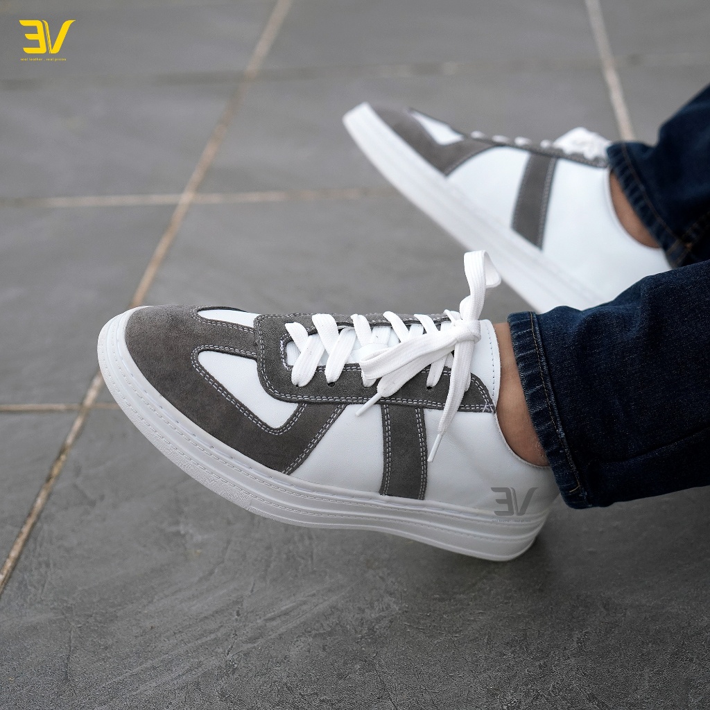 Giày Thể Thao Da Thật Buộc Dây - Giày Da Trắng Phối Viền Ghi Siêu Chất - 3V434