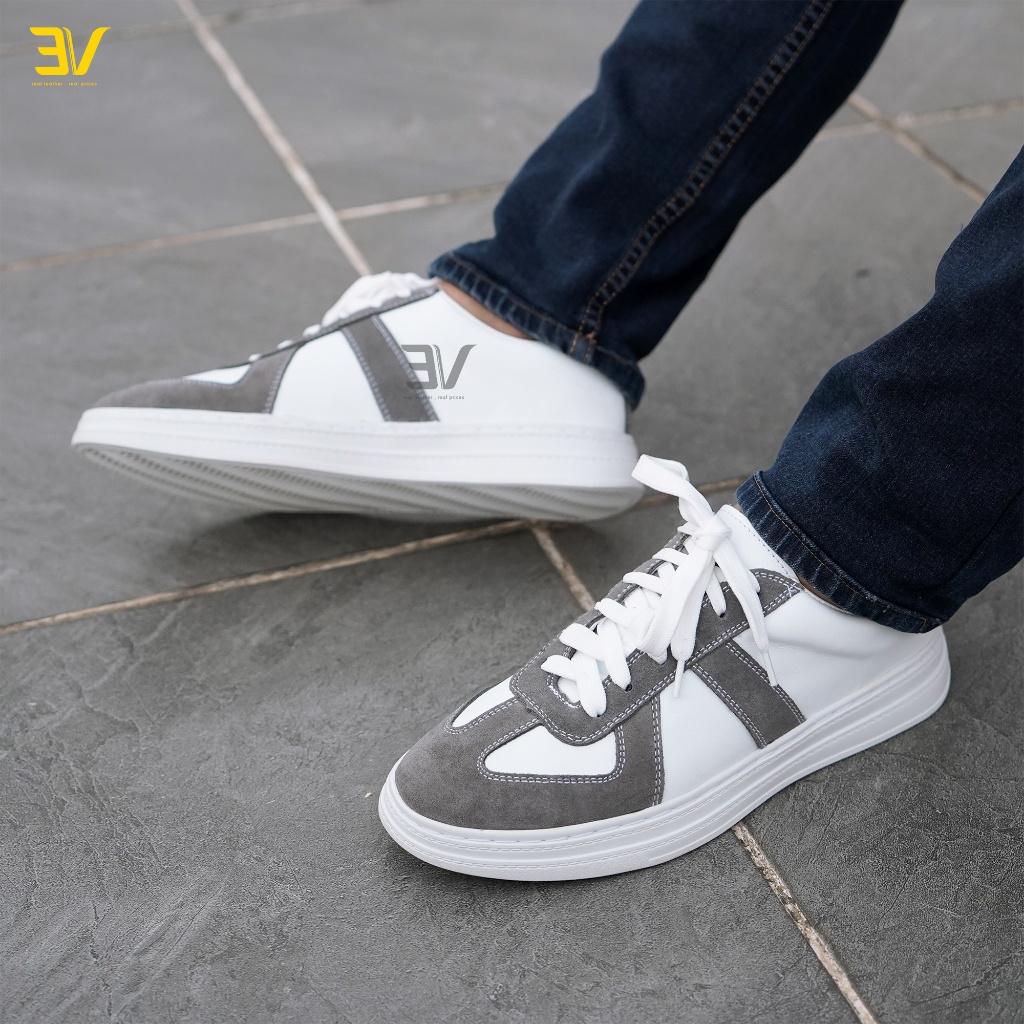 Giày Thể Thao Da Thật Buộc Dây - Giày Da Trắng Phối Viền Ghi Siêu Chất - 3V434