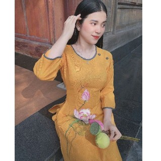 Set bộ áo dài cách tân linen hoa vẽ tay thủ công ngẫu nhiên mỗi bộ hoa khác nhau đồ lam đi chùa