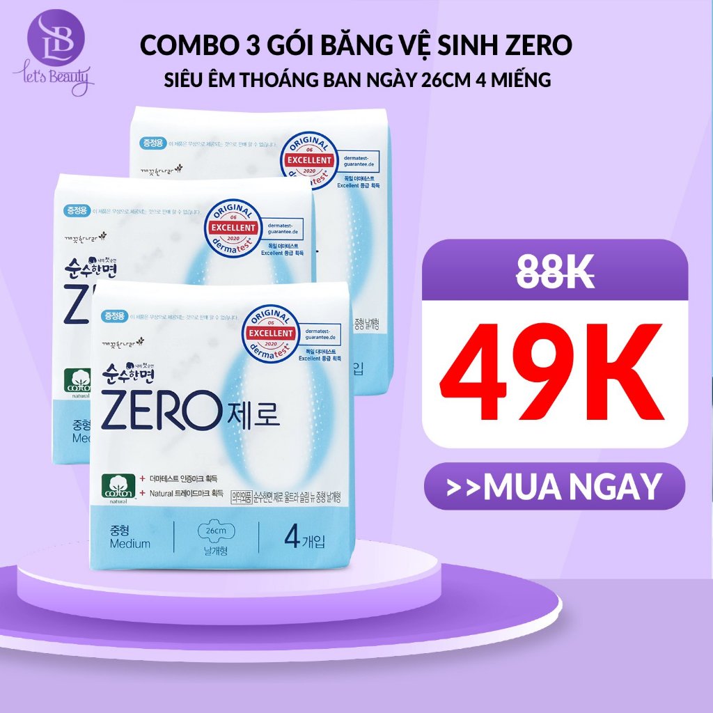 Combo 3 gói băng vệ sinh Kleannara Zero Hàn Quốc siêu êm thoáng ban ngày size M 26cm - 4 miếng/gói có cánh