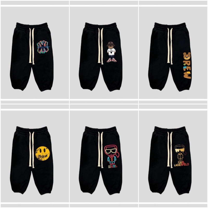 Quần nỉ joger da cá màu đen in hình logo cho bé trai bé gái size từ 12-40 cân