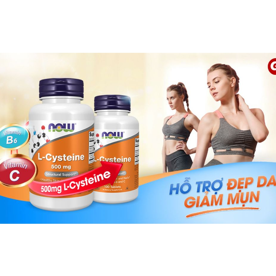 Viên uống L-cystine with vitamin C, B6 Now (100 viên) hỗ trợ đẹp da móng tóc, giảm thâm nám rụng tóc