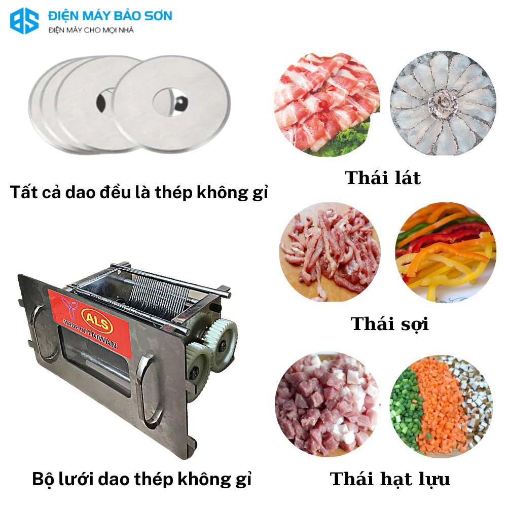 Máy Thái Thịt Tươi Sống Inox Đa Năng AKS-YJ90 850w Máy Thái Thịt Phở Bò Thịt Nướng Bún Chả Cỡ Dao 2.5mm 3.5mm 5.0mm