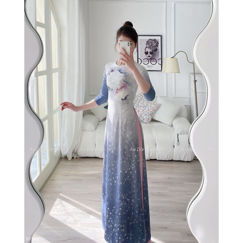 Áo dài cổ tròn in Hoa Ngực Mã M165, Áo dài Hoa Hậu chất lụa mỹ
