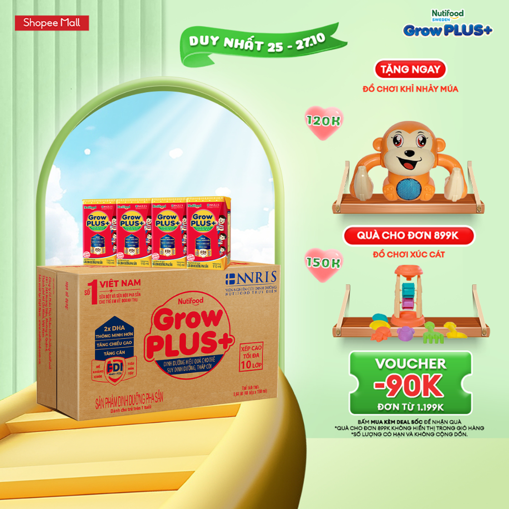 Thùng Sữa Bột Pha Sẵn Nutifood GrowPLUS+ Suy Dinh Dưỡng - Trên 1 Tuổi - Tăng Cân, Tăng Chiều Cao (48 Hộp x 110ml)