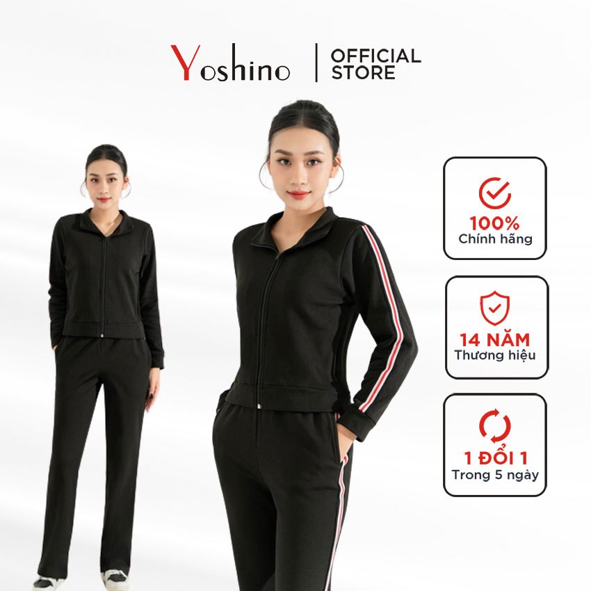 Bộ thể thao đen áo kéo khoá quần xuông Yoshino