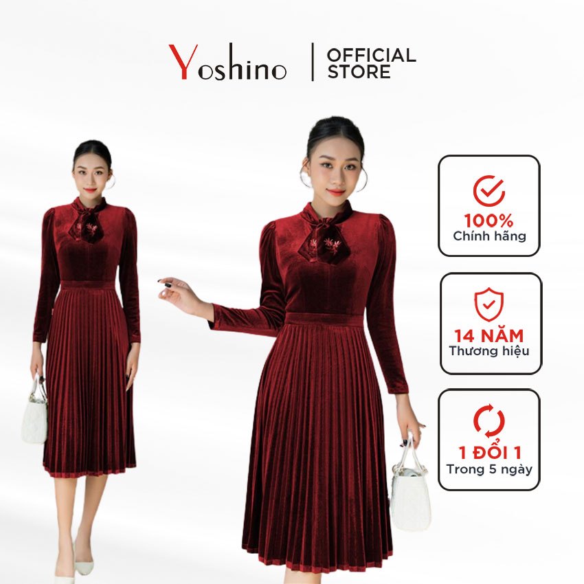 Đầm nhung xoè dập ly cổ thêu Yoshino