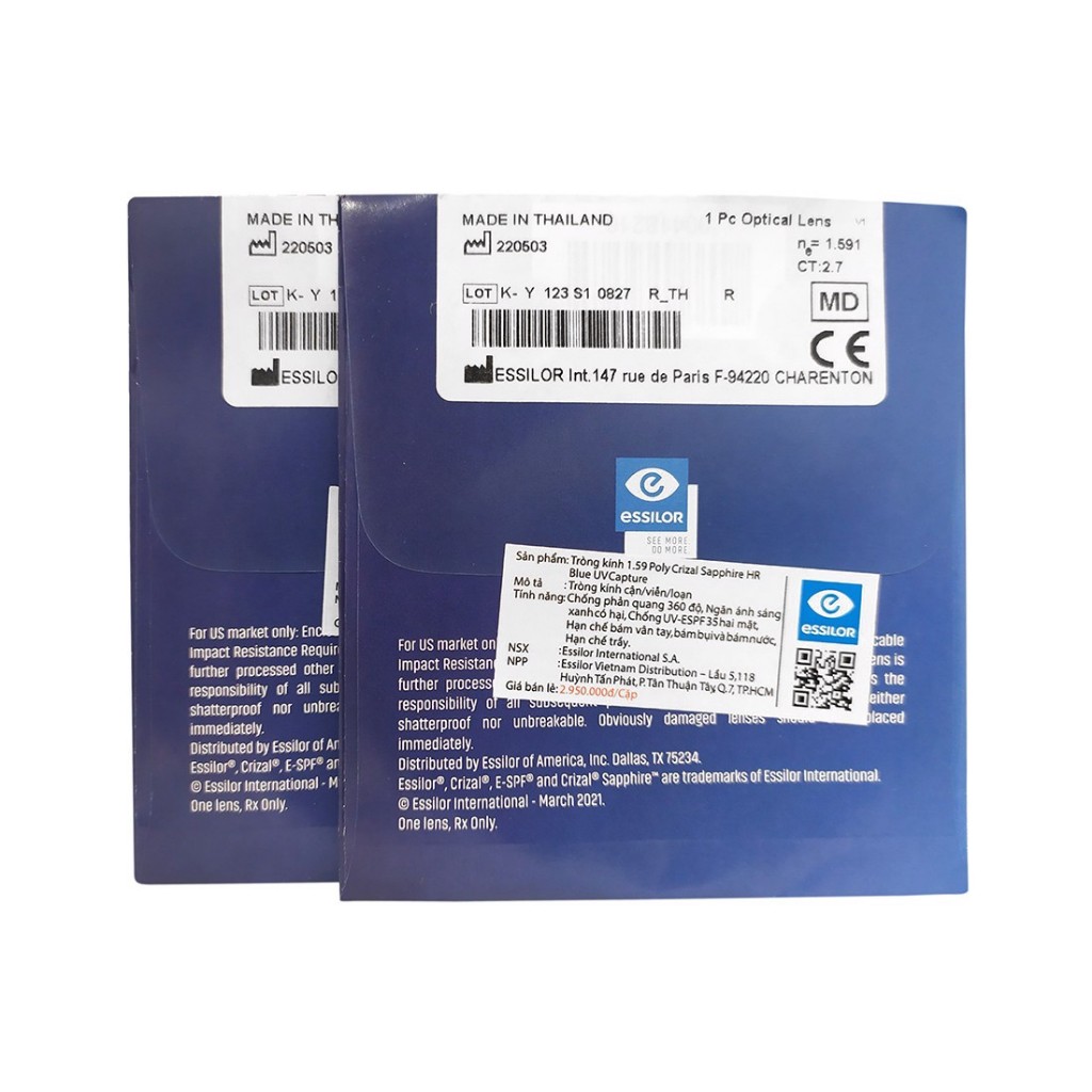 Tròng kính  Essilor Poly Crizal Sapphire HR Blue UV Capture