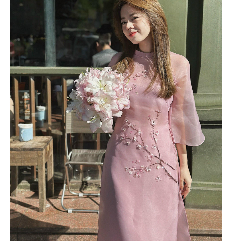 Áo Dài Hoa Đào Tay Lỡ Màu Hồng Phấn Trong Trẻo Sang Trọng Mặc Đi Tiệc - Vải Tơ Organza Cao Cấp