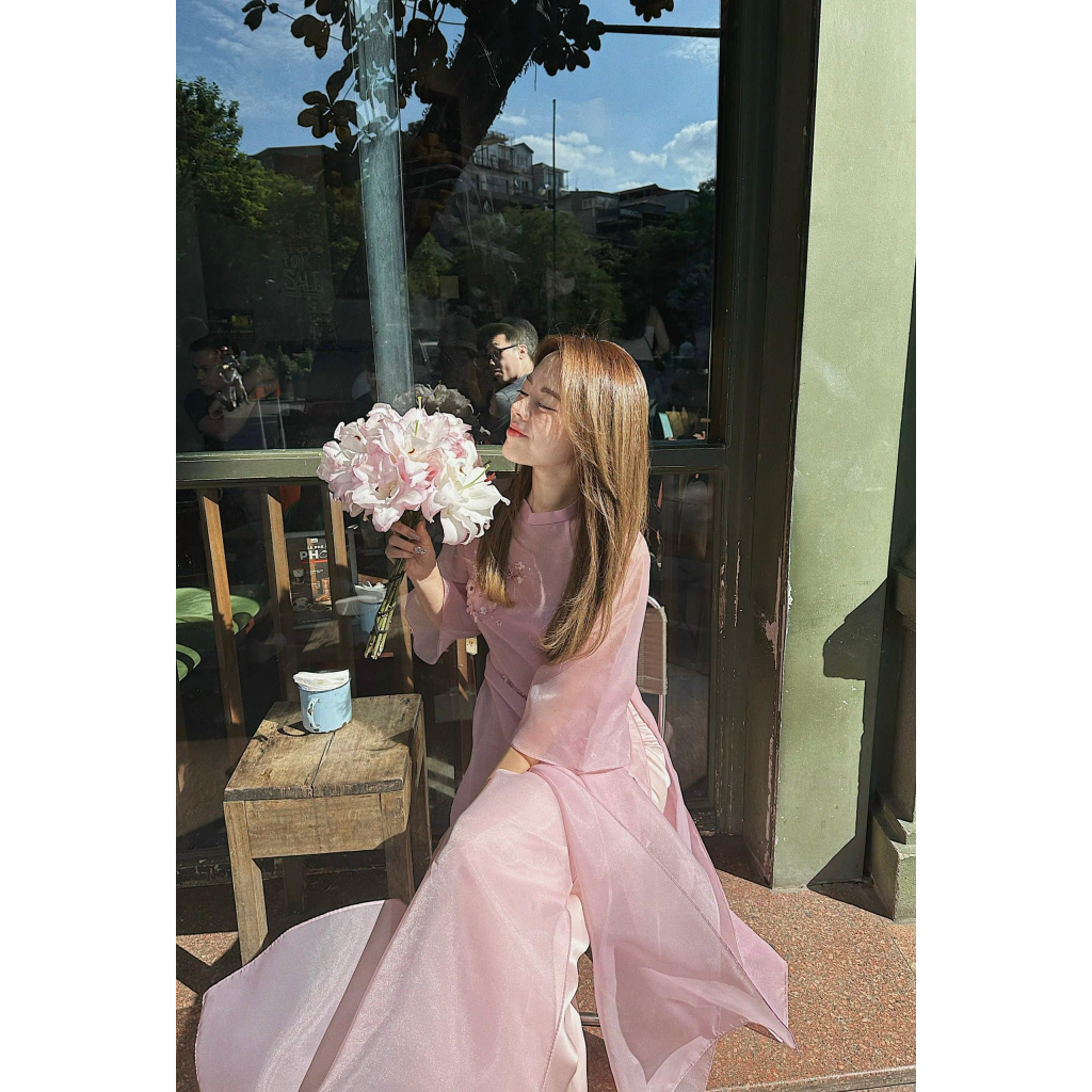 Áo Dài Hoa Đào Tay Lỡ Màu Hồng Phấn Trong Trẻo Sang Trọng Mặc Đi Tiệc - Vải Tơ Organza Cao Cấp