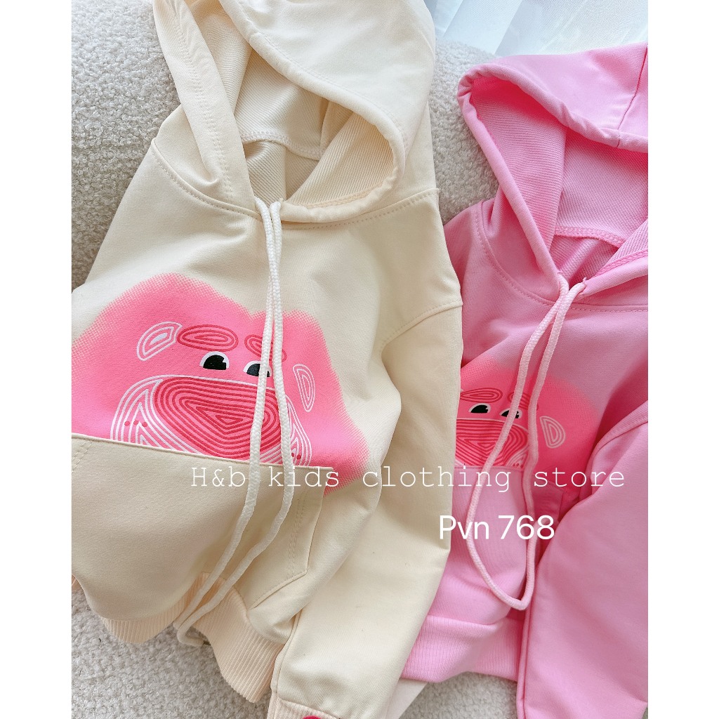 Áo Hoody bé gái , Áo thu đông da cá mũ họa tiết gấu dâu cho bé gái 8-28kg