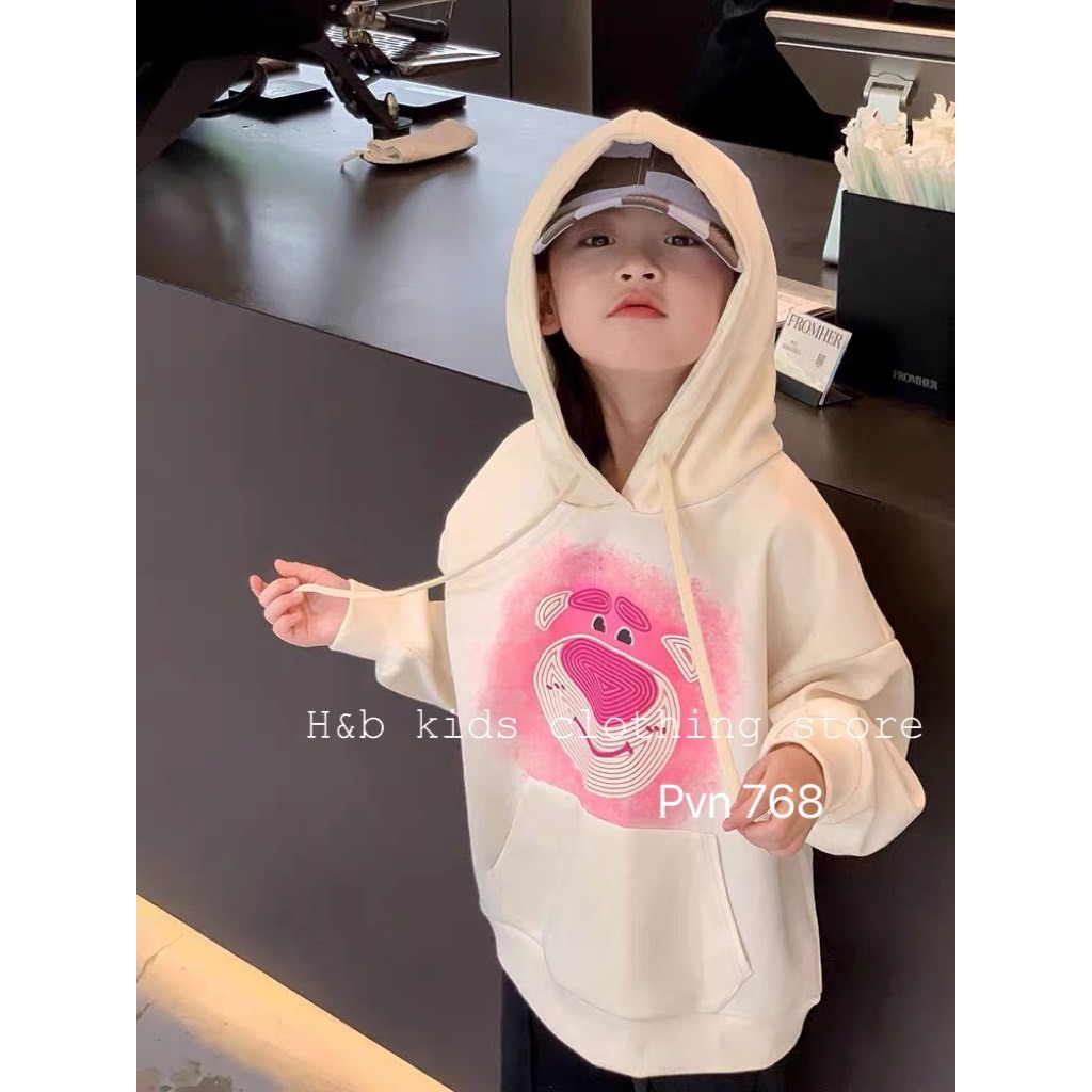Áo Hoody bé gái , Áo thu đông da cá mũ họa tiết gấu dâu cho bé gái 8-28kg