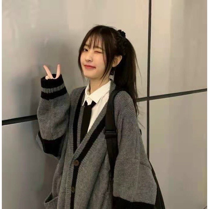 Áo Cardigan Len Phối màu xám đen phong cách Hàn Quốc trẻ trung, Áo Khoác Nữ Hottrend