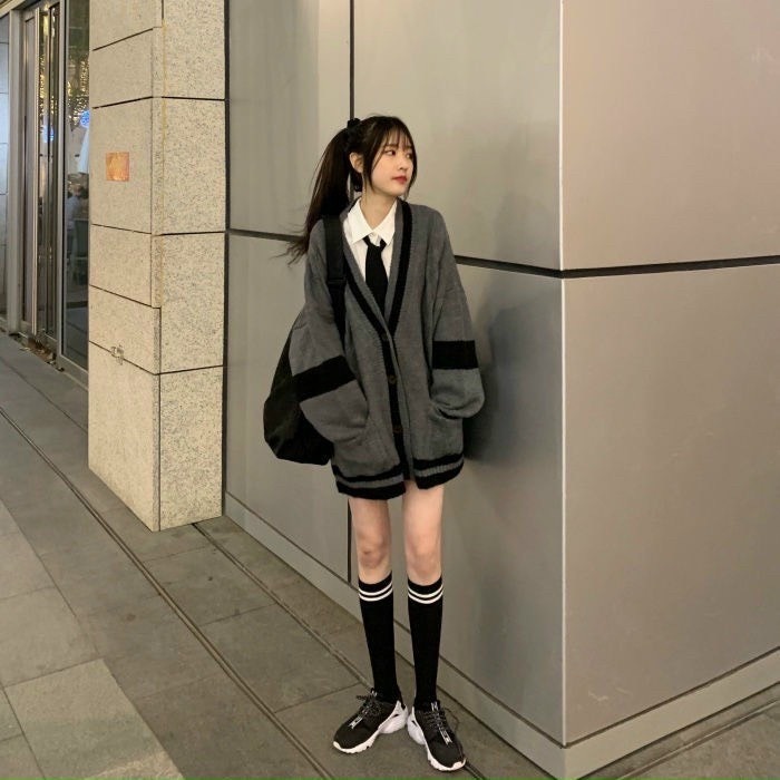 Áo Cardigan Len Phối màu xám đen phong cách Hàn Quốc trẻ trung, Áo Khoác Nữ Hottrend