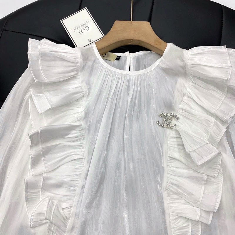 Áo sơ mi Tơ Óng bánh bèo Tiểu Thư tay phồng cổ viền bèo Điệu đà Sang chảnh CH0085 Có kèm ảnh thật trải sàn