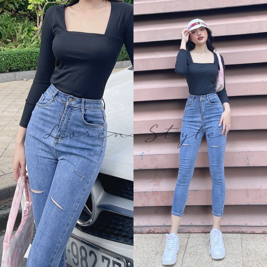 Quần jean skinny Loren cao cấp co giãn lửng rách xanh B5526
