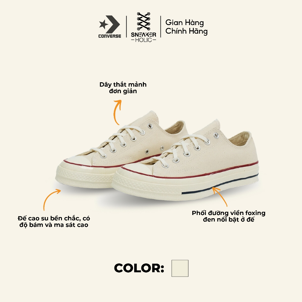 Giày Sneaker Nam Nữ CONVERSE Chuck 1970s Low Parchment - 162062C - Kem, Cổ Thấp, Thời Trang Unisex, Chính Hãng Full Box