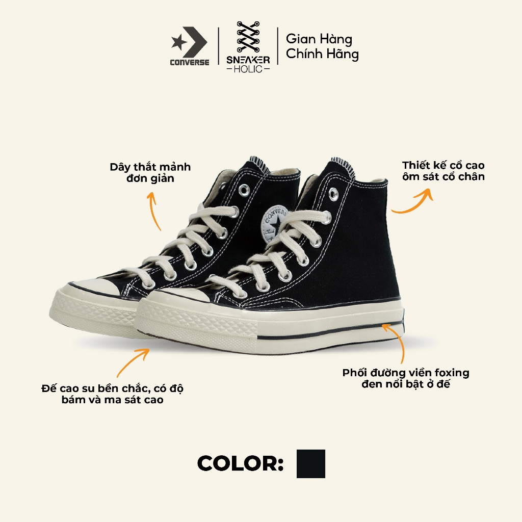 Giày Sneaker Nam Nữ CONVERSE Chuck 1970s High Black - 162050C - Cổ Cao Đen, Thời Trang Unisex, Chính Hãng Full Box