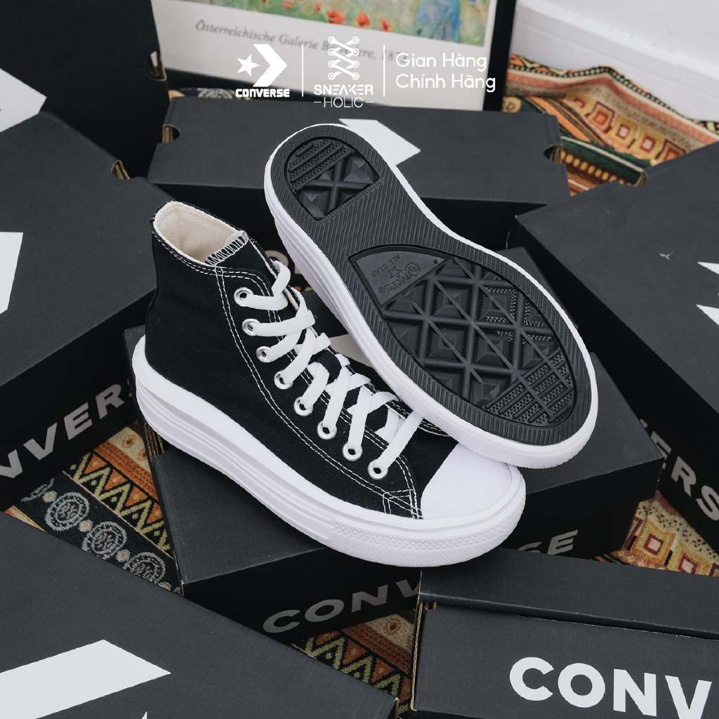 Giày Sneaker Nam Nữ CONVERSE Chuck Taylor All Star Move High Black - 568497C - Cổ Cao Đen, Thời Trang Unisex, Chính Hãng
