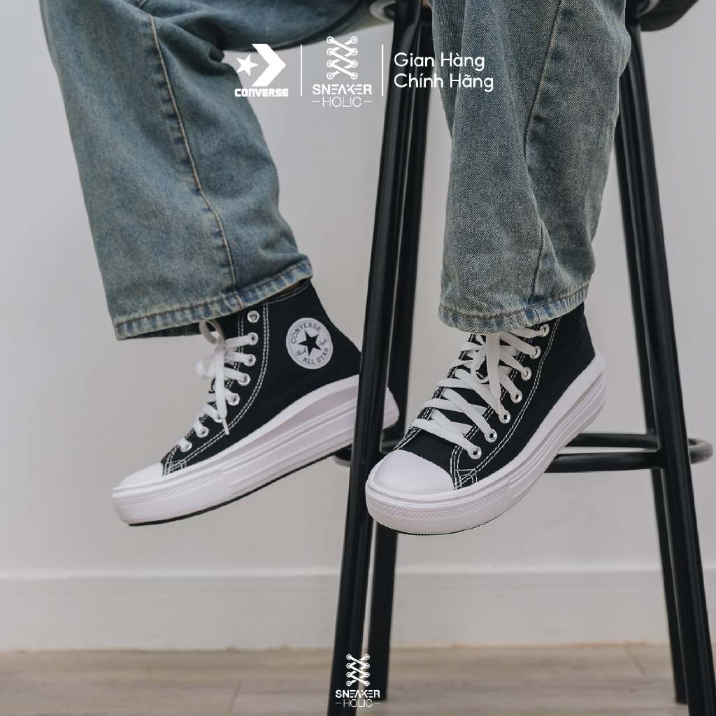 Giày Sneaker Nam Nữ CONVERSE Chuck Taylor All Star Move High Black - 568497C - Cổ Cao Đen, Thời Trang Unisex, Chính Hãng