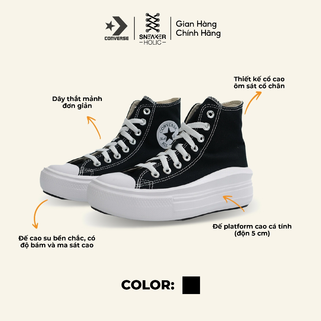 Giày Sneaker Nam Nữ CONVERSE Chuck Taylor All Star Move High Black - 568497C - Cổ Cao Đen, Thời Trang Unisex, Chính Hãng